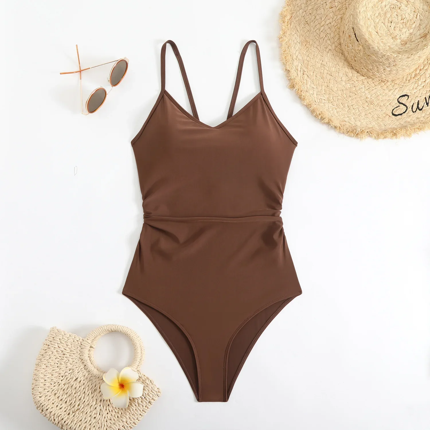2025 New Brown Bodysuit One Piece Swimsuit Women Thong Swimwear Sexy Backless Bathing Suit Woman Monokini Beach Wear Black White