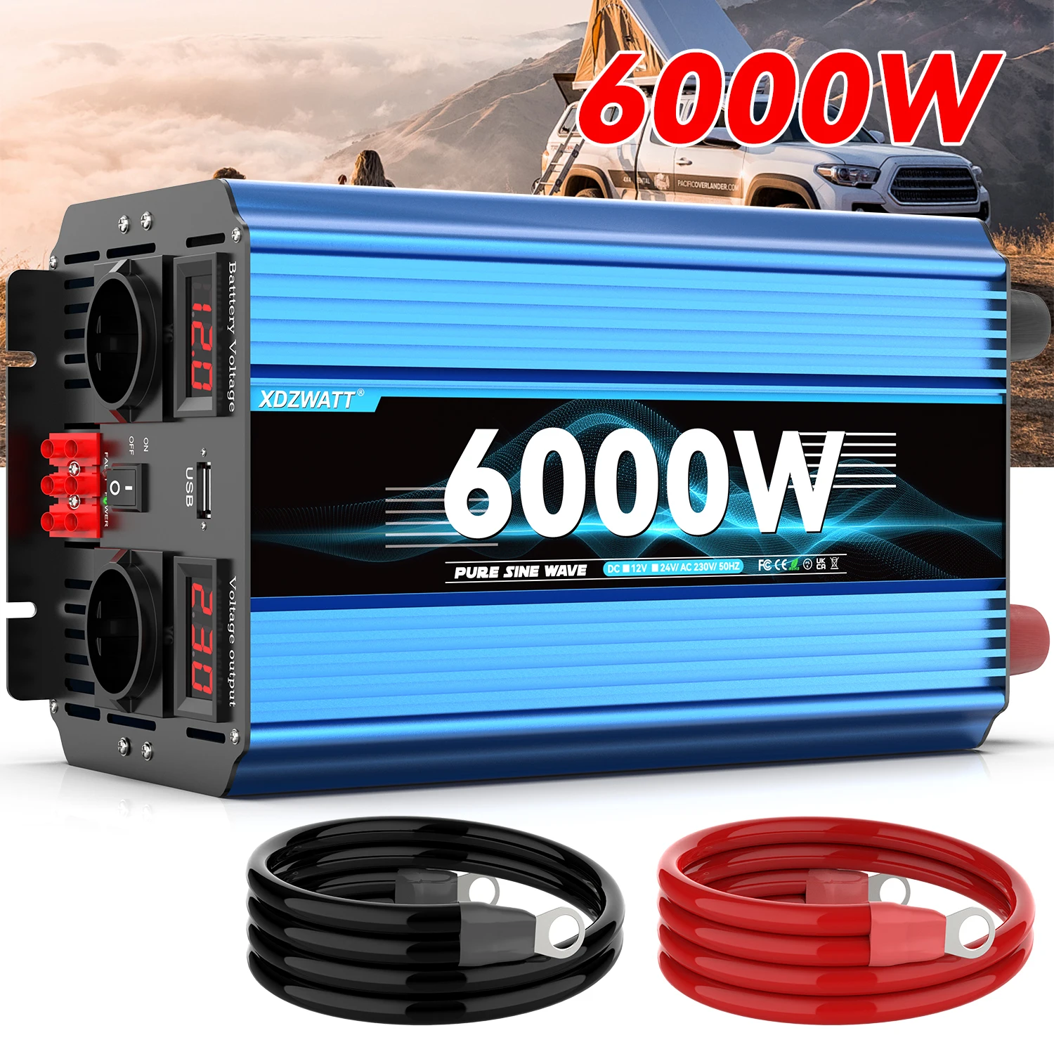 3000W Power Inverter Peak Power 6000W 24V DC to AC 230V with USB Port LCD Display Voltage Converter Power Supply EU Socket