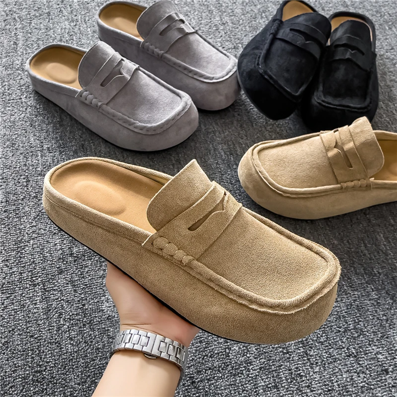 Retro Casual Mule Shoes Men's Versatile Thick Bottom Slip-On Lazy Commute  Half Slip Shoes Breathable Flat Heel
