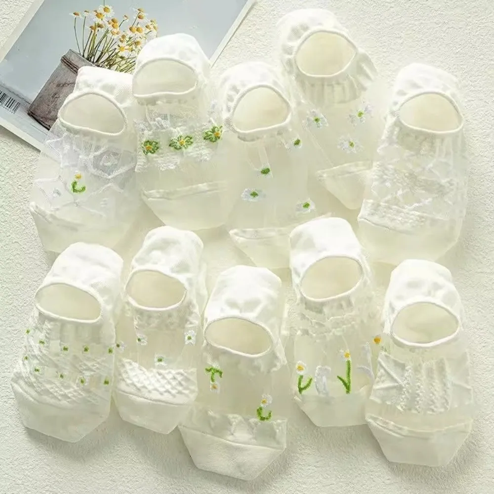 

10Pairs Comfortable Floral Glass Silk Boat Socks Breathable Thin Flower Invisible Socks Glass Silk Sweet Mesh Short Sock Girl