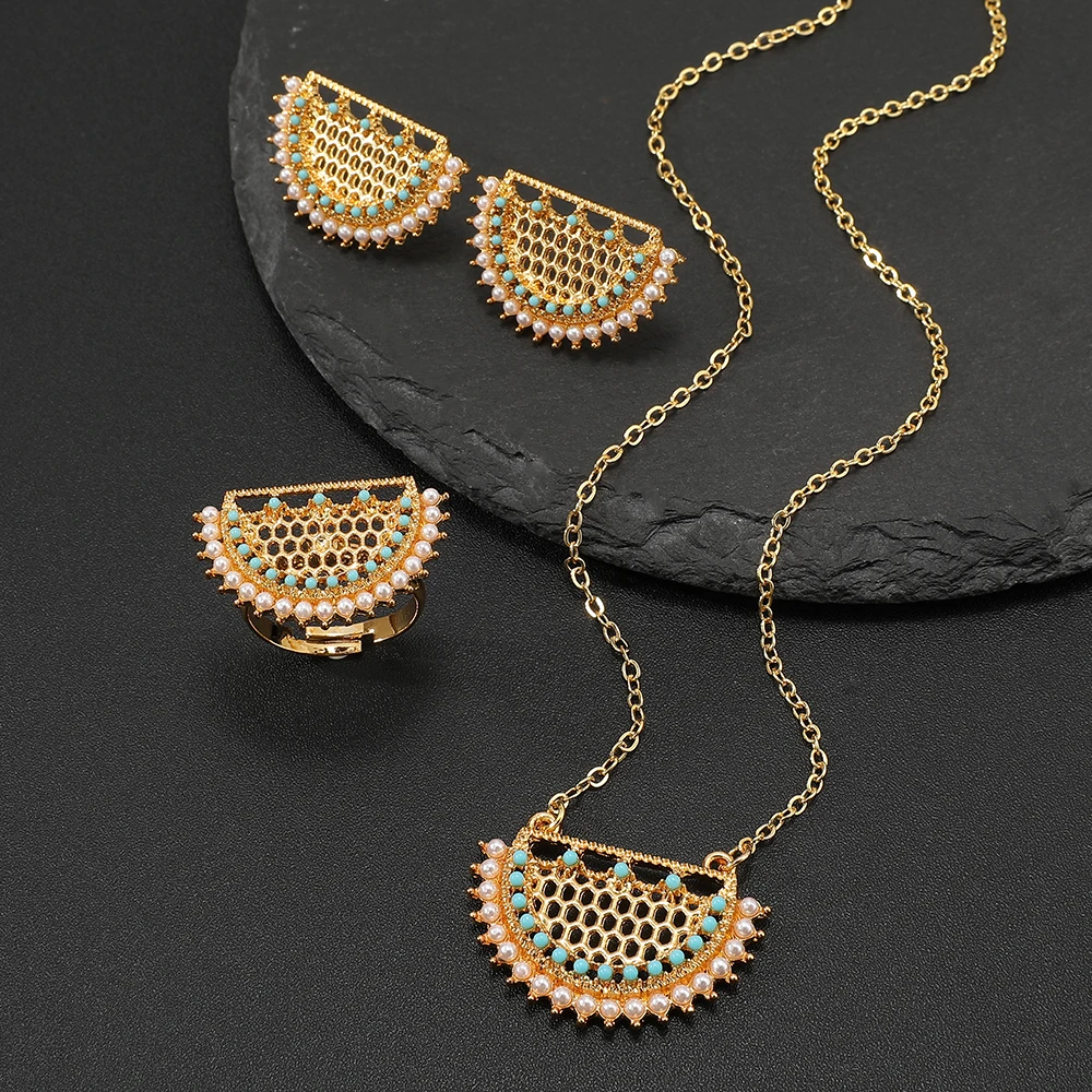Hot Sale Sector-shaped geometric zircon Pendant necklace + earrings + ring Jewelry Set for Women Stainless Steel quality jewelry