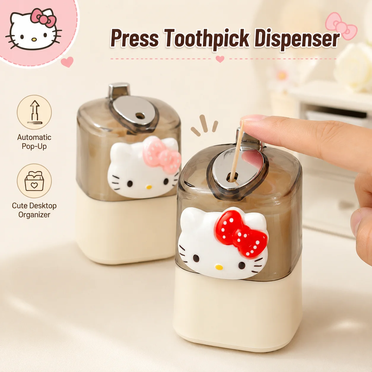 Sanrio Hellokitty Cute Cartoon Press Automatic Toothpick Dispenser Mini Tabletop Toothpick Holder Hygienic No Hand Touch Storage