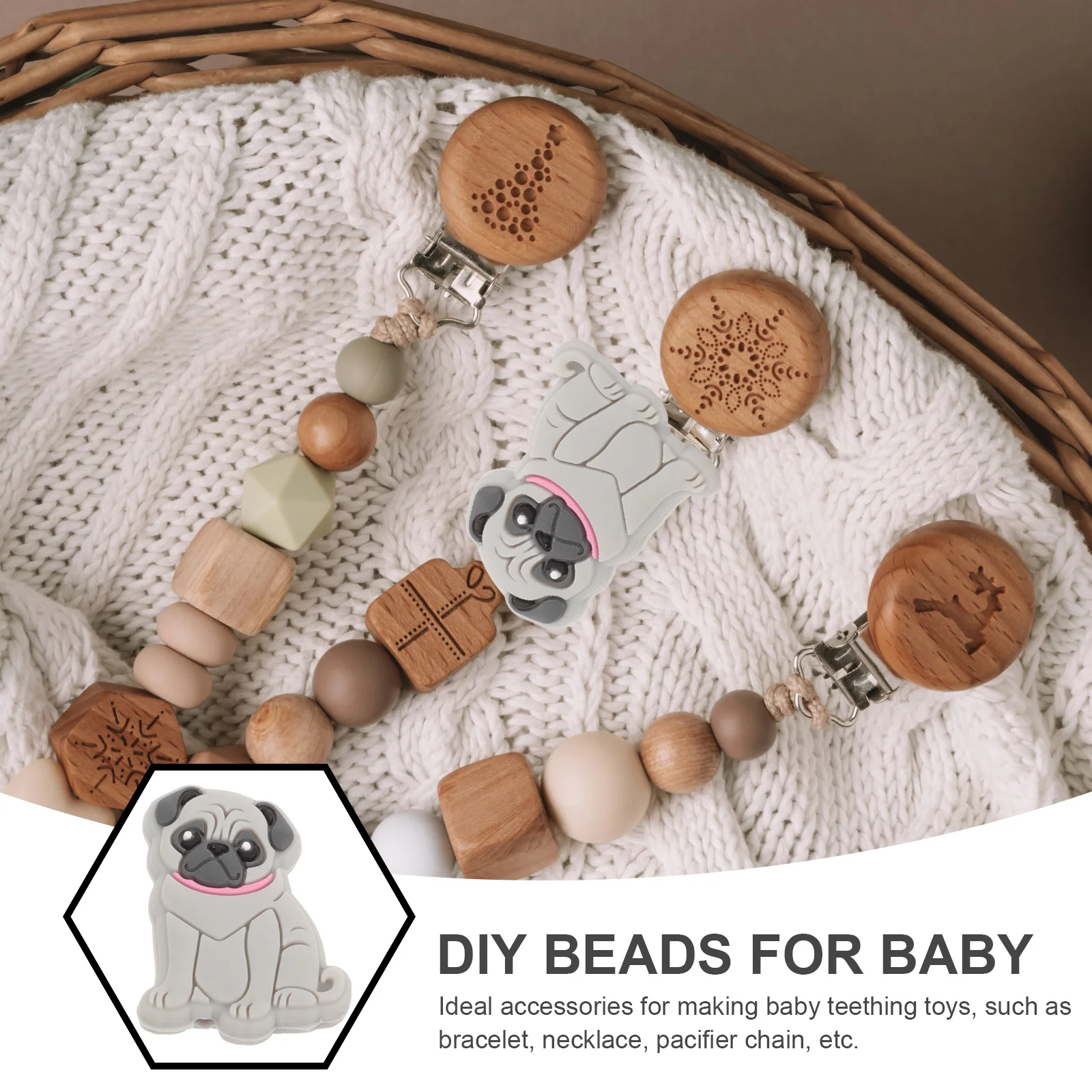

10 Pcs Silicone Pug Beads Pacifier Chain Animal Bulk Beads​ Food Grade Dog for Jewelry Making Silica Gel Puppy