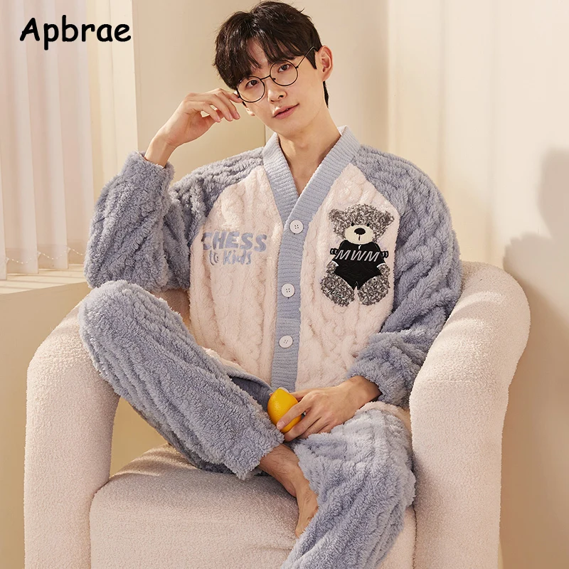 Winter L-3XL Mens Pajamas Set Thick Flannel Sleepwear for Men Bear Print Man\'s Warm Long Sleeves Pijamas Kimono Loungewear