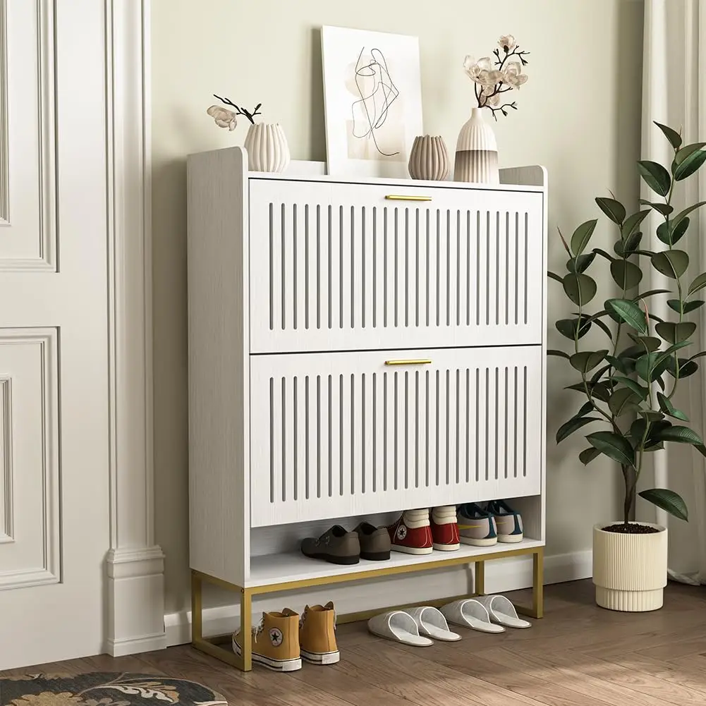 Shoe Cabinet 2 Flip Doors & Adjustable Shelves, Narrow Organizer Hollow Pattern, Fence Top, Open Shelf, Anti-Tip, Customized