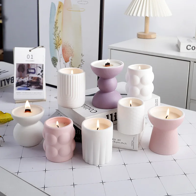 Europe Striped white Ceramic Candle Cup Home Decoration Aromatherapy Candle Cup DIY Family Party Gift Soybean Wax Container