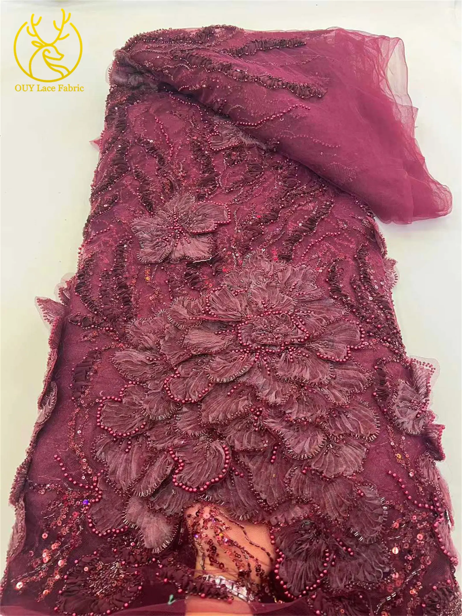 Luxuriöser Afrikanischer 3D-Blumenspitzenstoff 2026 Hochwertige Nigerianische Perlen-Pailletten-Netzspitze für Damen-Party- und Hochzeitskleider – Detail 9