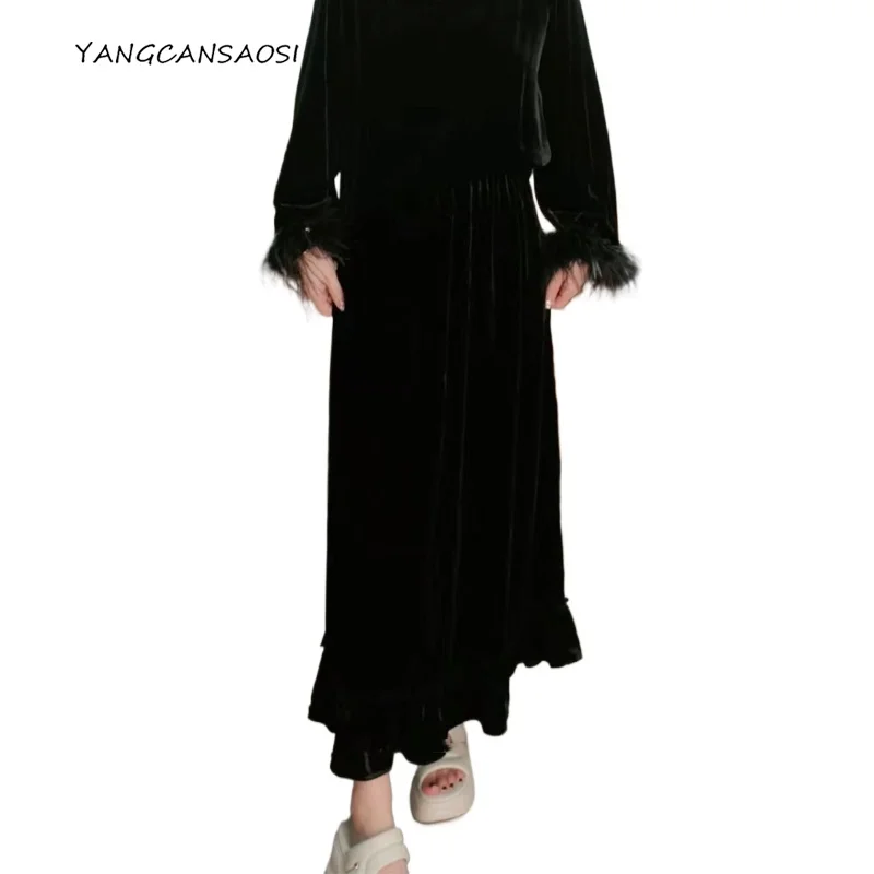 女性のファッション春/秋の新しいエレガントな多用途ブラック 30% 天然桑シルクベルベットデザイン弾性ウエスト A ラインスカート