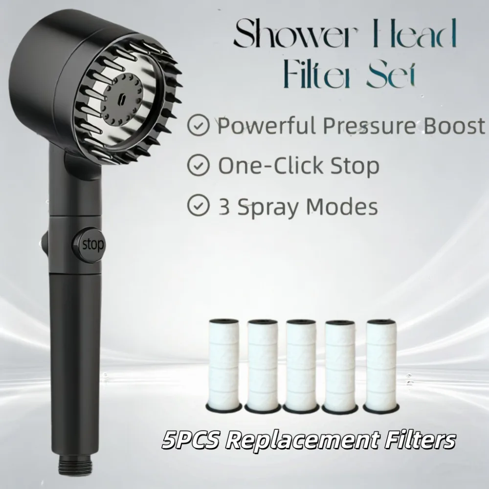 High Pressure Shower Set with 5PCS Filters 3 Spray Modes One Key Water Stop Hard Water Purification in Black Gray Purple