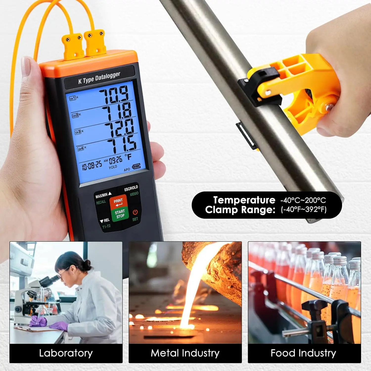 4-Channel Digital K-Type Thermocouple Thermometer Data Logger Backlight Buzzer Alarms USB Export ABS Material Temperature