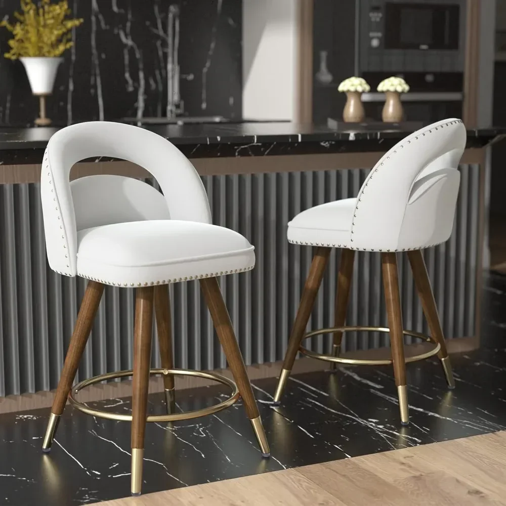 

Counter Height Bar Stools Set of 2, 24 Inch Swivel Bar Stools with Backs&Solid Wood Legs, Upholstered Creamy White and Gold