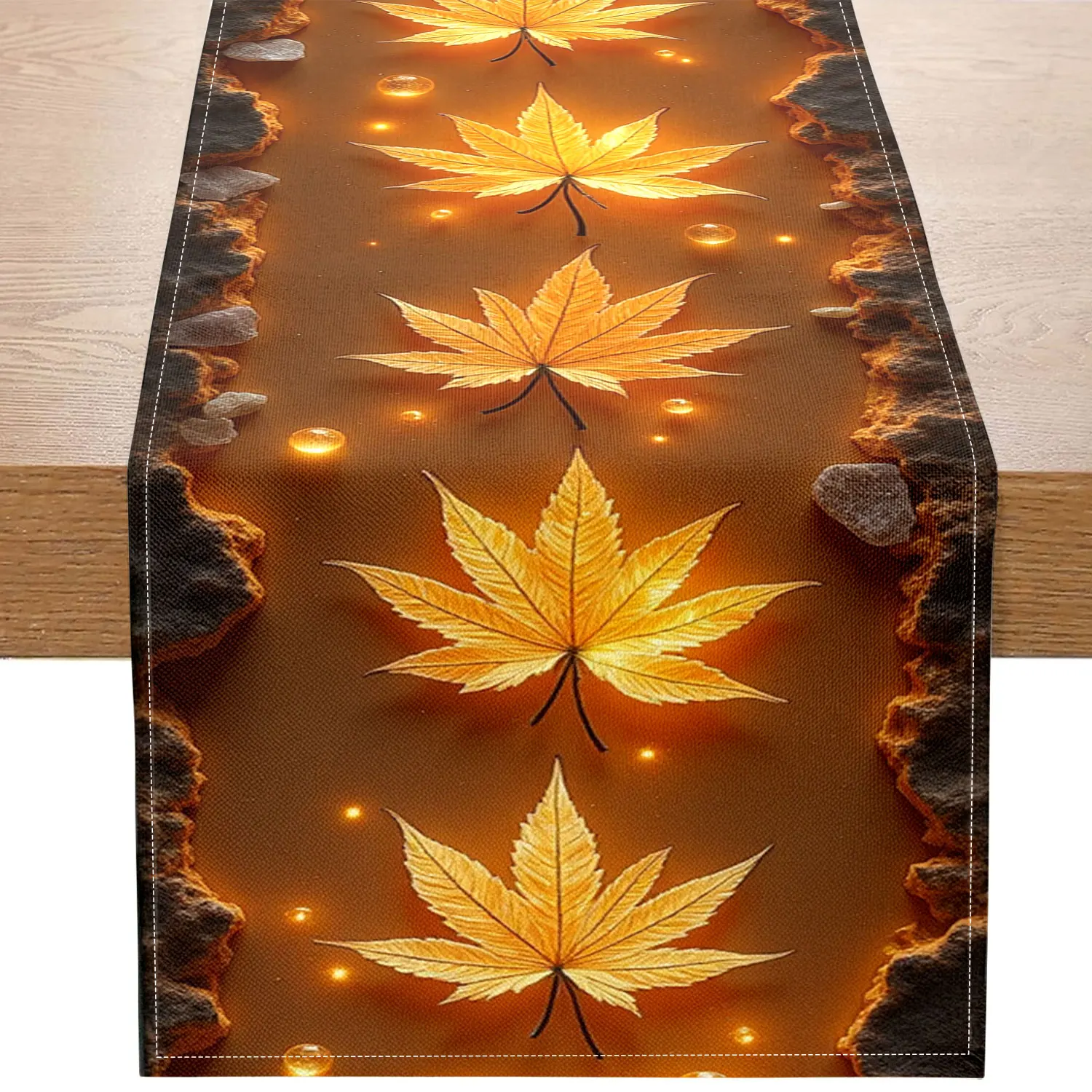 

Цельная дорожка для стола с золотыми осенними листьями, с золотыми листьями и световыми пятнами в качестве основных мотивов, подходит для осеннего домашнего декора и праздничных украшений