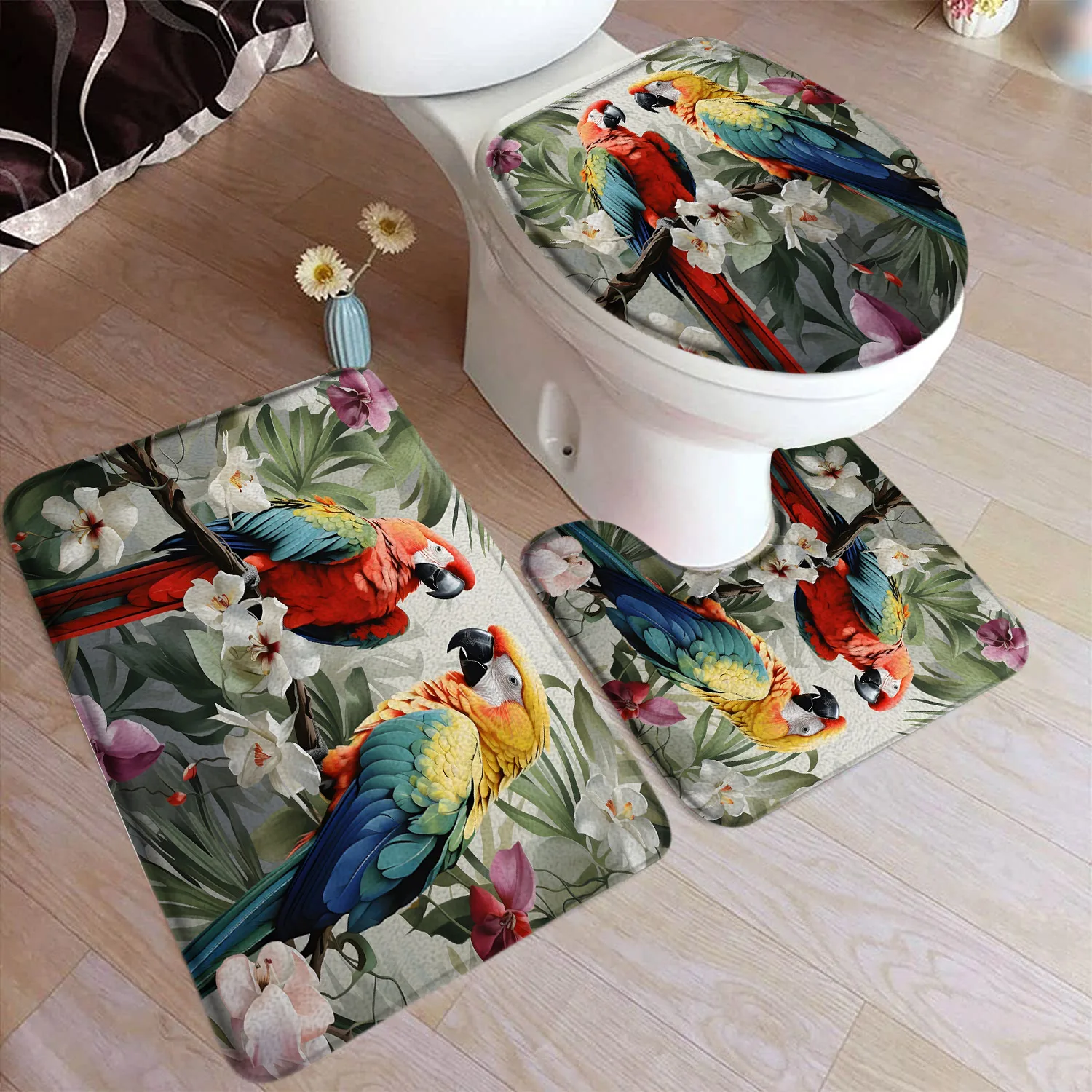 Green Hummingbird Bath Mat Set White Flowers Plant Butterfly Birds Rustic Scenery Home Carpet Bathroom Decor Rugs Toilet Cover