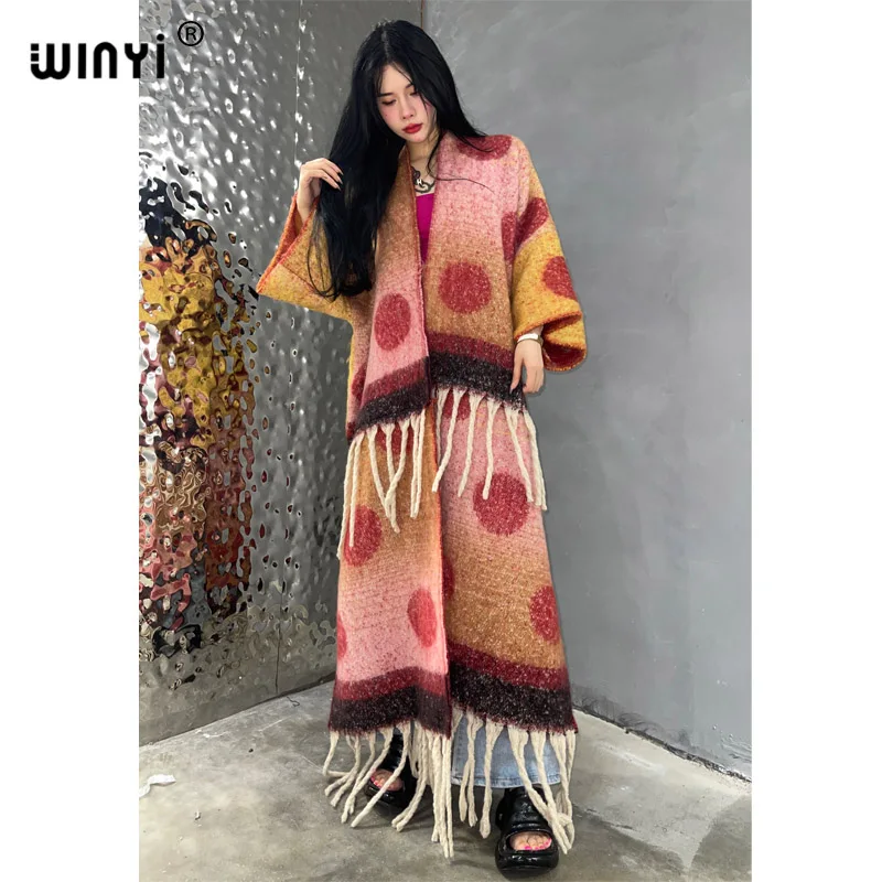 WINYI new Winter Women tassel Cardigan coat Loose Christmas dress robe kimono Thick Warm free size Middle East Female Kaftan