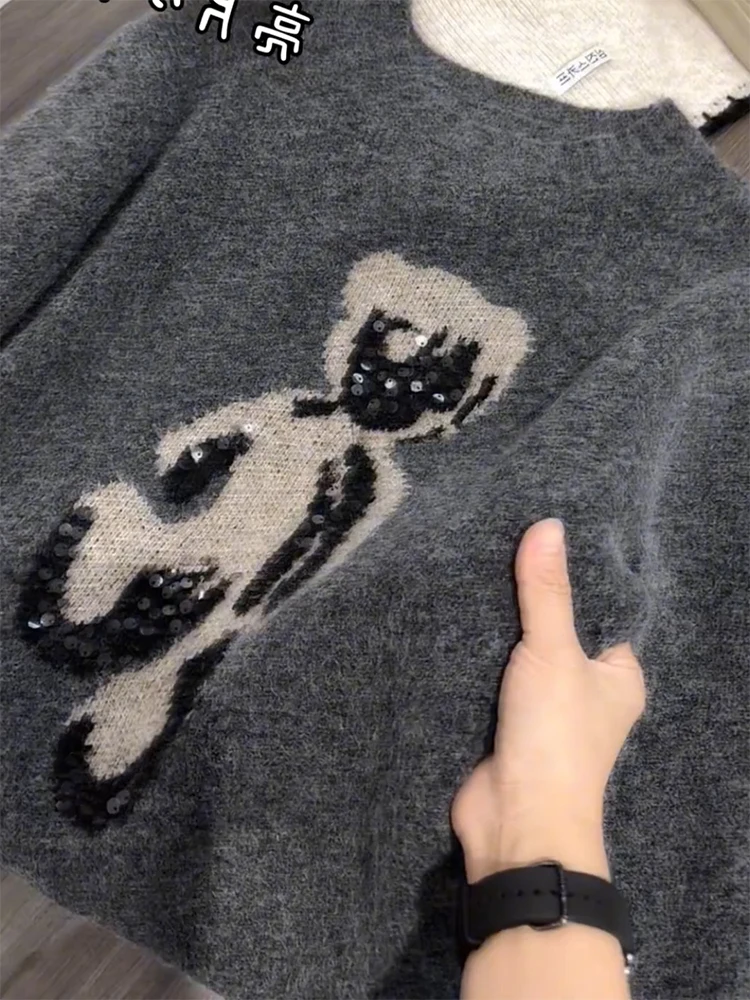 

Korean Sle Sequin Patchwork Sweater Women's Autumn Winter plus Size Ele Slimming Top Warmth Heating Long Sve round Ne