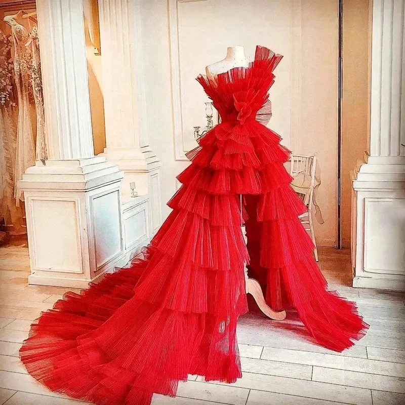 Real Picture Mesh Prom Party Dress Layered Off Shoulder Ruffles Tiered Tulle Formal Dresses for Women Red Maxi Gowns Sleeveless