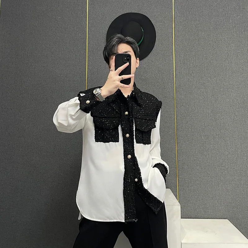 

Early Autumn Long Sve Men's irt Deer Deer Small Fraance Sle Loose Stitching Bla White Trendy Top Youth Faion
