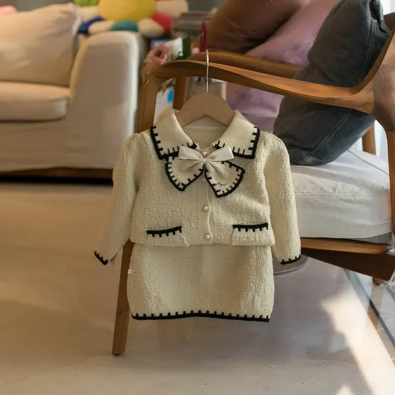 

2025 Baby Girl Knitted Cardigan and Skirt Sets Clothes Bowknot Decor Button Contrast Trim Sweater 1-5Y Kids Autumn Winter Outfit