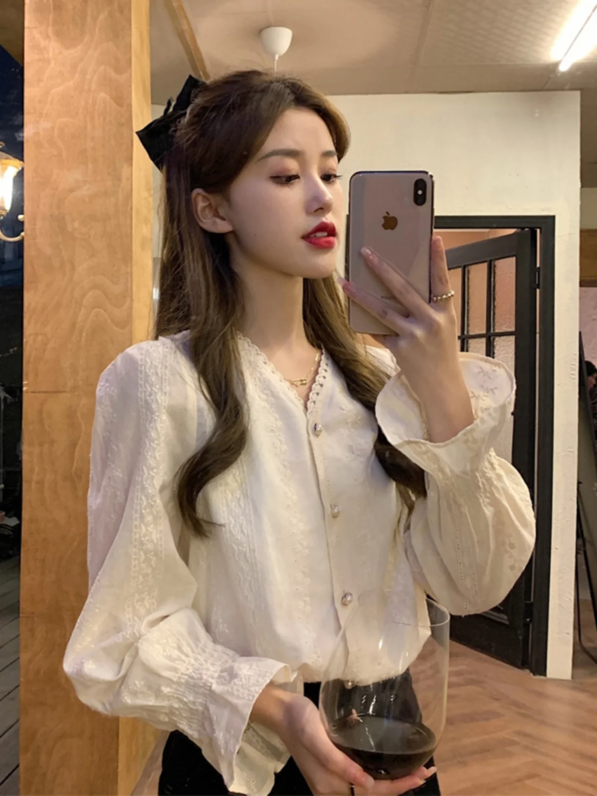 

Ele V-Ne Long Sve irt Gentle Sle Hong Kong Flavor Design Sensation Women's Busin Casual Straight Cut irt