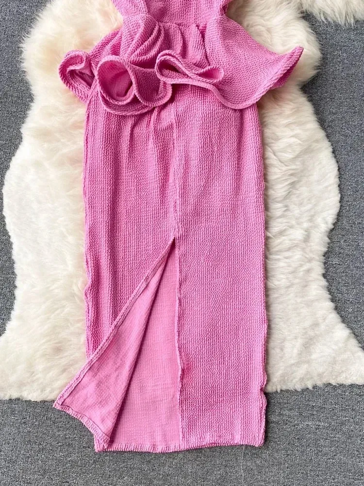 Verão feminino sexy uma palavra pescoço fora do ombro vestido fino em camadas meados de comprimento babados cintura magro aniversário temperamento vestido d1341