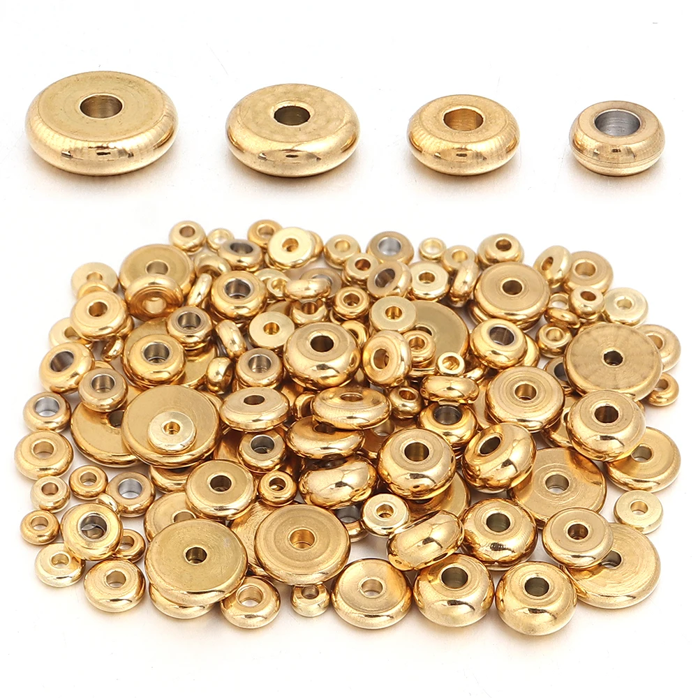 20pcs/lot Gold Color Plated Stainless Steel 3 4 5 6 7 8 10mm Round Spacer Beads Flat Bracelet Beads for DIY Jewelry Accessories