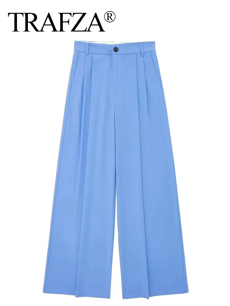 TRAFZA 2024 Women\'s Casual Solid Wide Leg Pants Female Vintage Summer High Waist Pleated Loose Buttons Long Lady Trousers