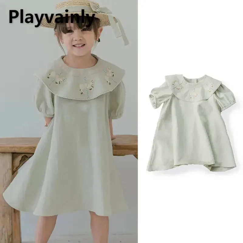 

Summer Baby Girl Dress Mint Green Embroidered Large Lapel Short Sleeve Princess Dress Fashion Infant Children Clothes E23304
