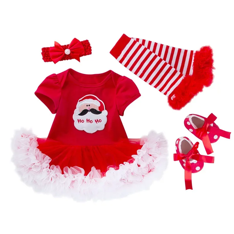 Christmas Baby Clothing Newborn Clothes Set Snow Flower Print Rompers Dress + Headband Shoes Outfits Baby\'s My First X-mas Gifts