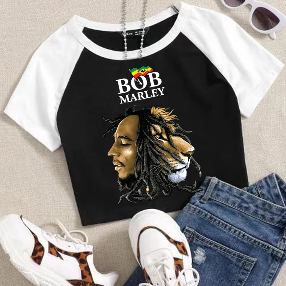 

Укороченные топы Bob Marley, футболка для девочек, модная женская футболка с круглым вырезом и короткими рукавами, подарочная футболка для фанатов