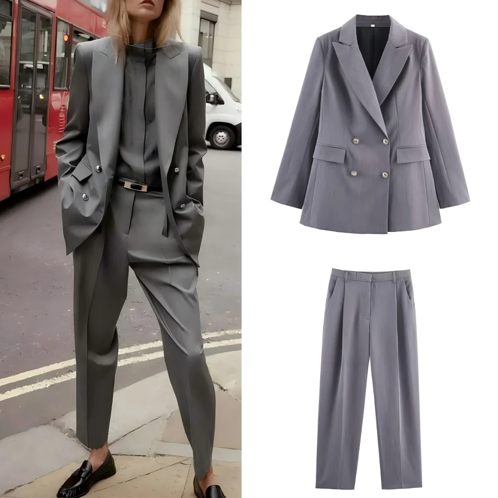 

Women's new fashion flip decoration casual double breasted suit jacket retro long sleeved women's Coat chic top+Pants suit