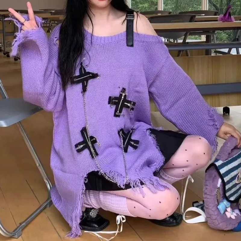 Subcultuur Y2k Zoete Gothic Off Schouder Losse Truien Vrouwen Herfst Winter Tops Gebreide Trui Harajuku Losse Vrouwelijke Nieuwe