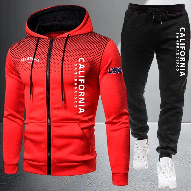 Image of Herren-Trainingsanzug: Lässige Kapuzenjacke mit Reißverschluss, Outdoor-Sportbekleidung, Jogging-Anzug für Herbst und Winter, Einzeloberteil und Hose