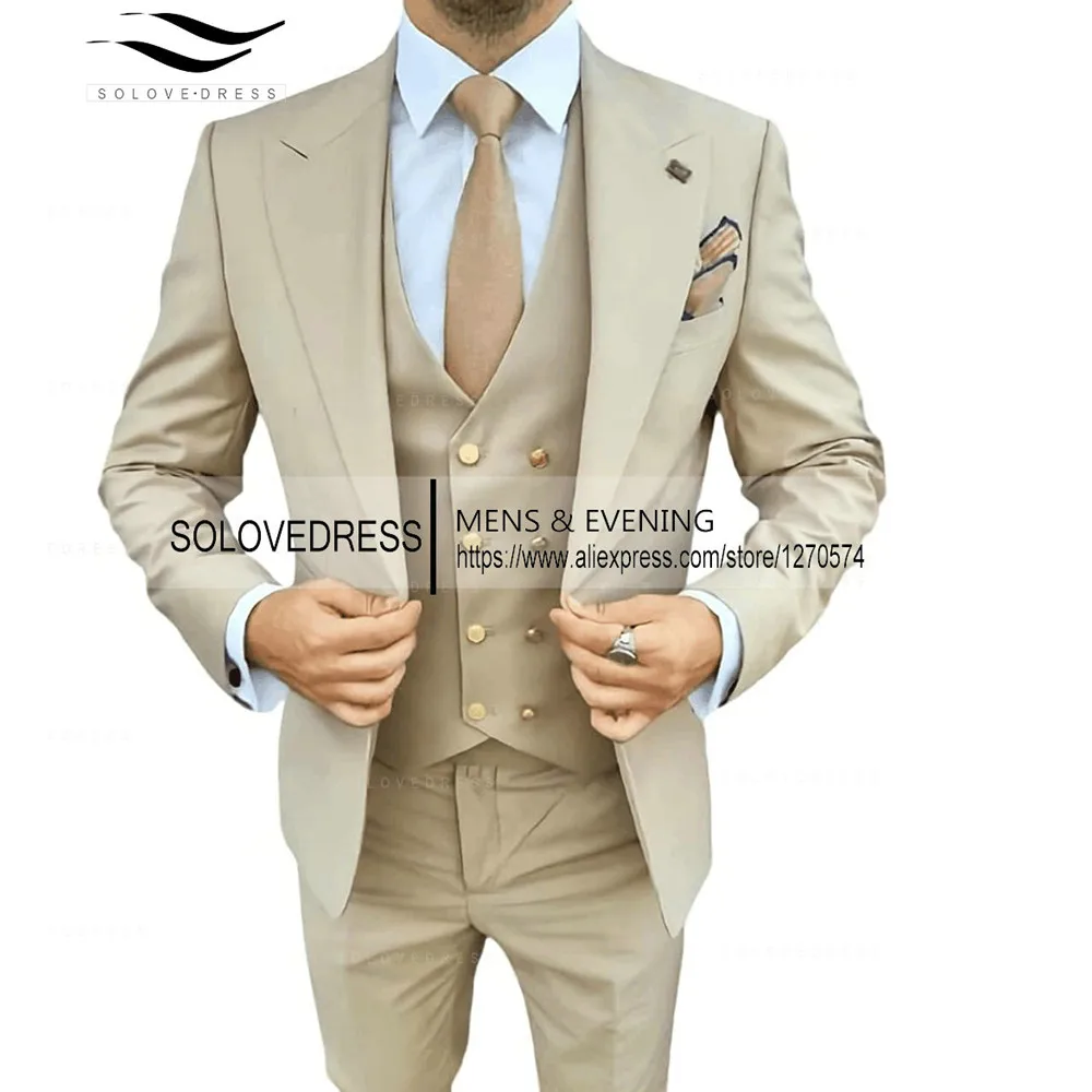 Men's Three Piece Business Suit Double Breasted Peak Lapel Formal Wedding Party Suits Groom Tuxedos（Blazer+Vest+Pants）