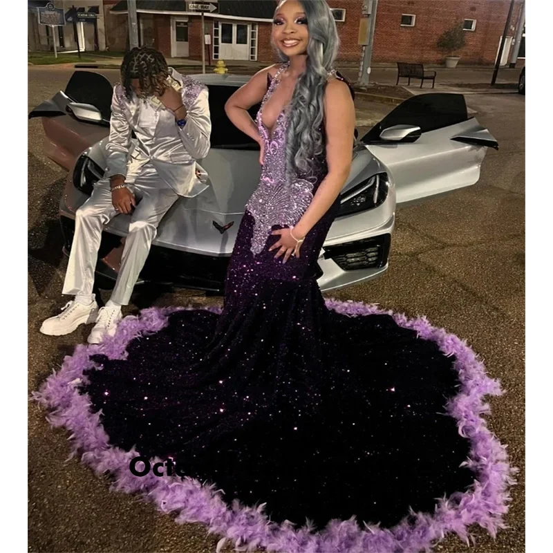 فساتين حفلة موسيقية فاخرة باللون الأرجواني الداكن للفتيات السود رائعة حورية البحر ترتر ريشة فساتين سهرة ماسية لعيد الميلاد الرسمي حسب الطلب