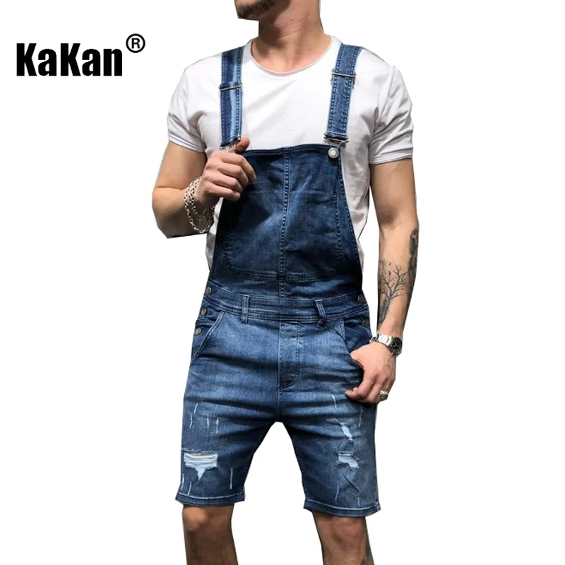 Kakan - European and American New Strap Denim Shorts for Men, Youth Popular Wear Out Black Strap Short Jumpsuit K34-329