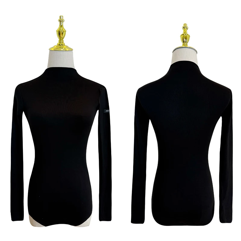 2025년 신상 여성용 라틴 댄스 탑 긴 소매 하이넥 바디수트 차차 룸바 탱고 성인 여성 라틴 댄스 의류 DQS21084