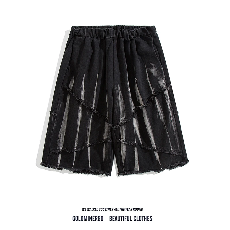 

Модные уличные джинсы тай-дай для мужчин: свободные прямые брюки с широкими штанинами, повседневные универсальные шорты с бахромой (длина до колена)