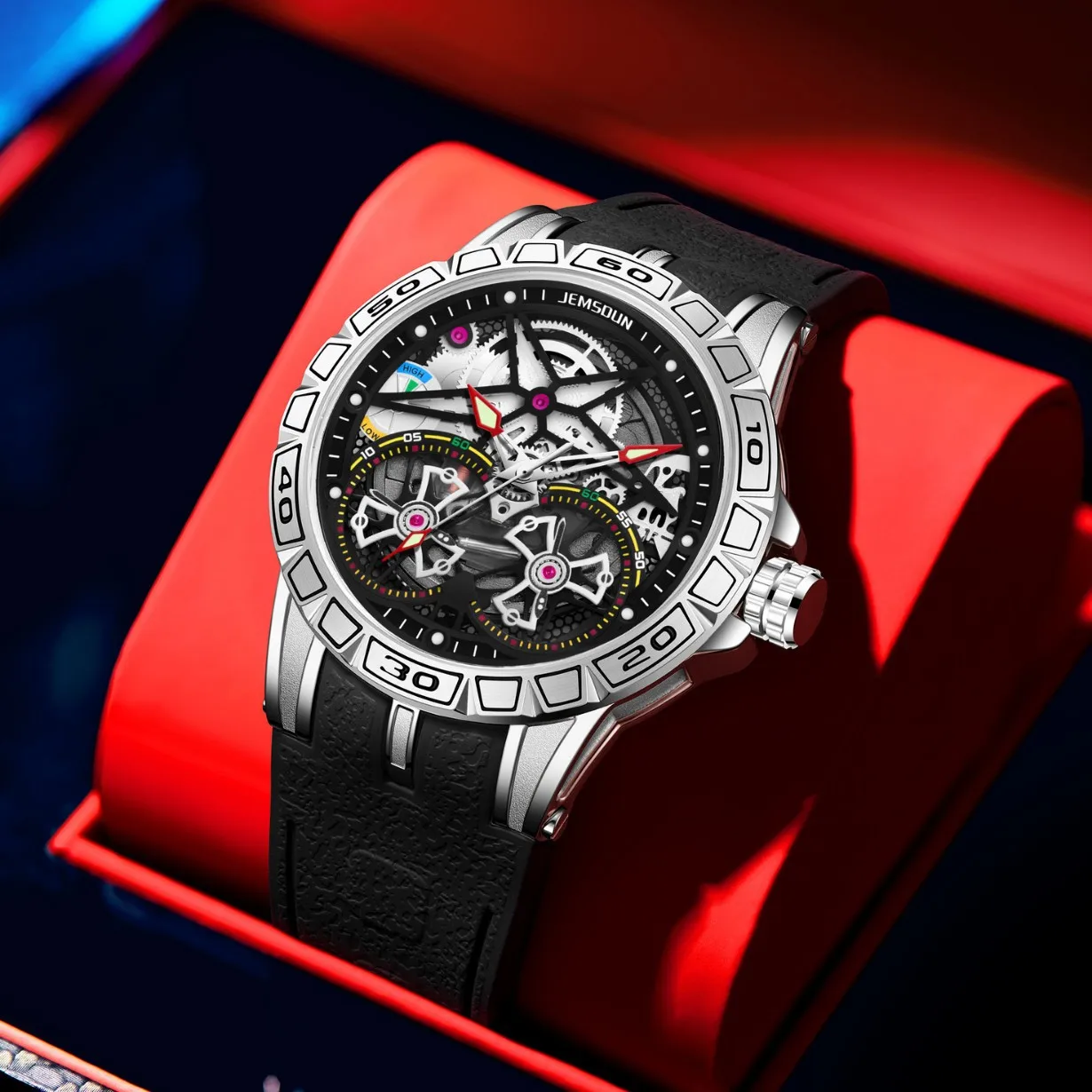 

3D Creative Big Dial Quartz Men Watches AAA Cool Luxury Rubber Strap Imitation mechanical watch double flywheel skeleton Watch