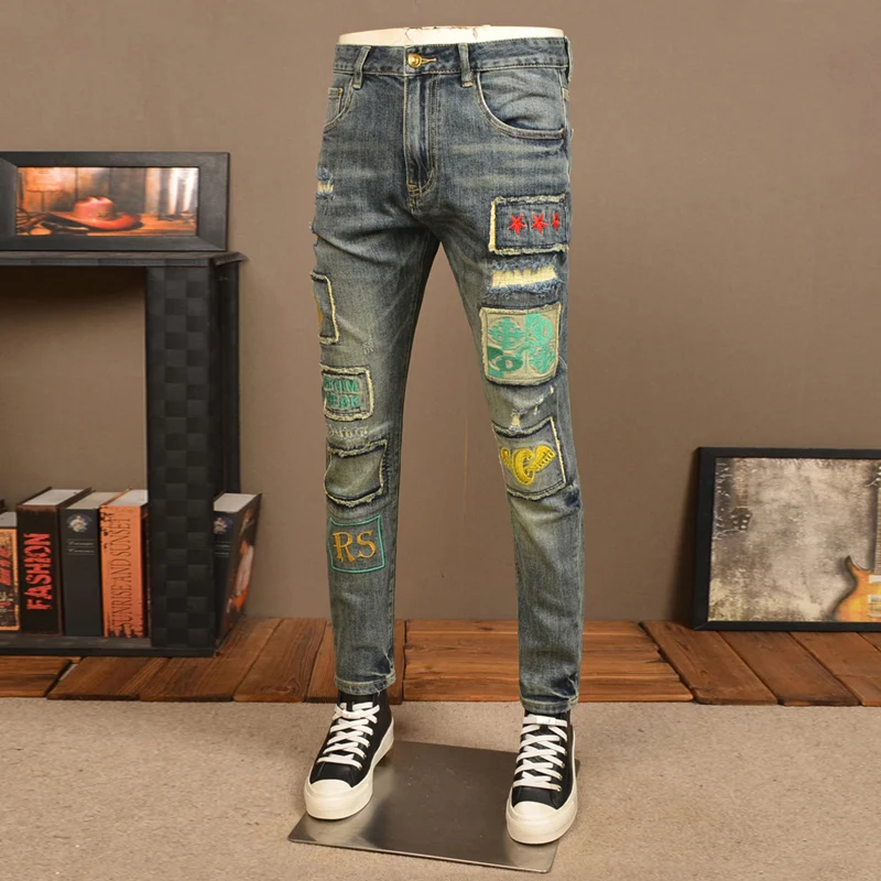 Street Fashion Men Jeans Retro Washed Blue Stretch Slim Fit Ripped Jeans Men Embroidery Patched Designer Hip Hop Denim Pants