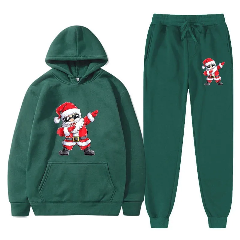 Conjunto de moletom e calças estampadas de Papai Noel, bainha de fundo roscado, camisa solta com capuz, casual esportiva masculina e feminina,