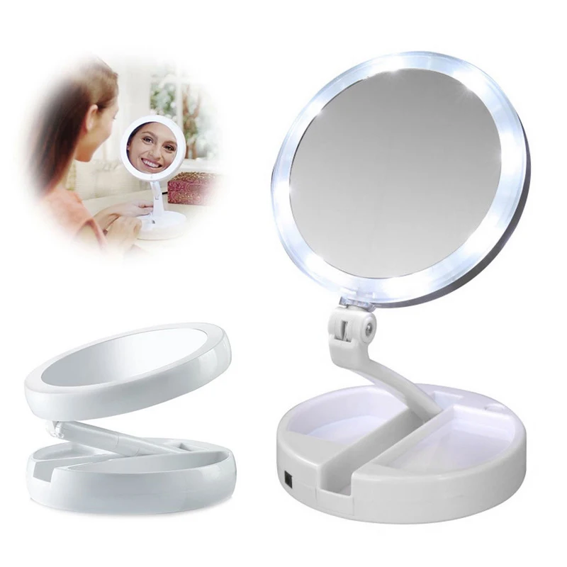 Folding 10x Magnifying Tabletop Cosmetic Makeup Led Light Double-sided Mirror