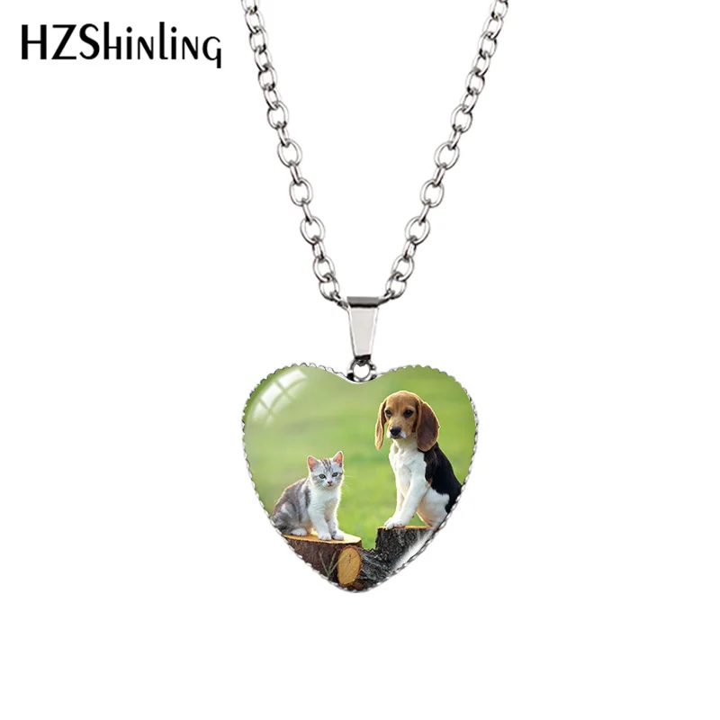 2022 New Cute Cat and Dog Pendant Necklace Pets Painting Glass Dome Handmade Jewelry Heart Pendants Gift Women