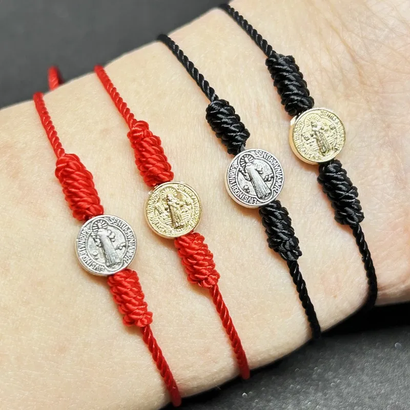 Red Black Catholic Religious Belief St. Benedict Cross Thread Knot Bracelet Adjustable Women Men Jewelry Gift