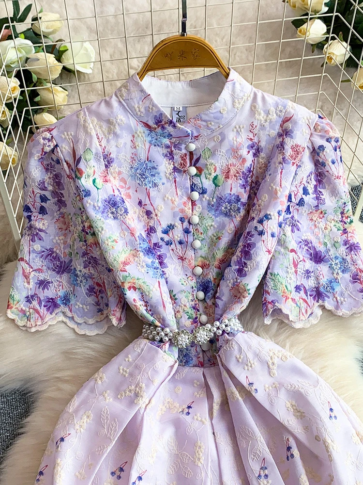 Summer Romantic Style Retro Embroidered Printed Stand Up Collar Dress for Women New Fashionable Long Dress S611