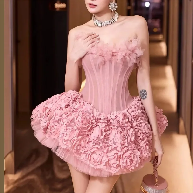 

Pink Evening Dress 2 Pcs Skirt Set Sexy Corset Top Bra+Short Pants Party Robe 3D Flower Lace Up Back Formal Prom Wedding Gown