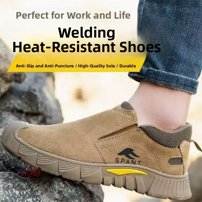  Welding Work Boots Men's Four Seasons Mid-Calf One-Touch Anti-Punch Anti-Stab Steel Head Lightweight Bull Tendon Con...