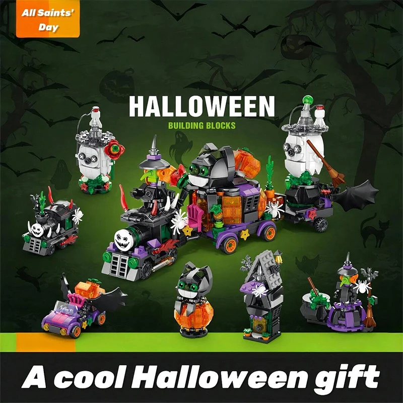Halloween 6-in-1 bouwstenen set Spooky spookhuis Ghost Train Bricks speelgoed Halloween cadeau voor kinderen