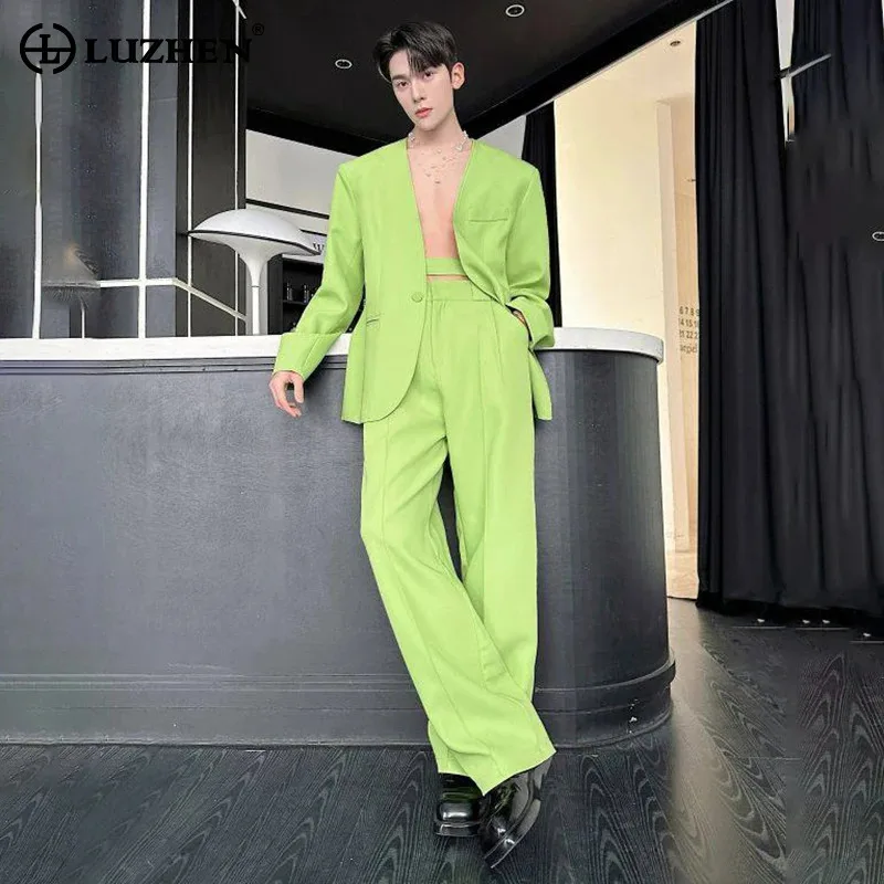 LUZHEN 2026 Spring New Solid Color Two-piece Sets Men's Fashion Handsome Straight Casual Pants Male Elegant Blazer Coat JY6207