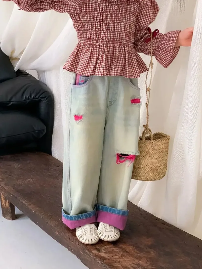 

Children's Denim Pants New Girl Baby Spring and Autumn Soft Perforated Jeans Casual 2024 Straight Leg Versatile Pants