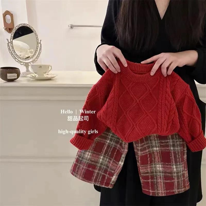 Girls' knitting sweater autumn and winter new children's Christmas and New Year red Fried Dough Twists sweater top
